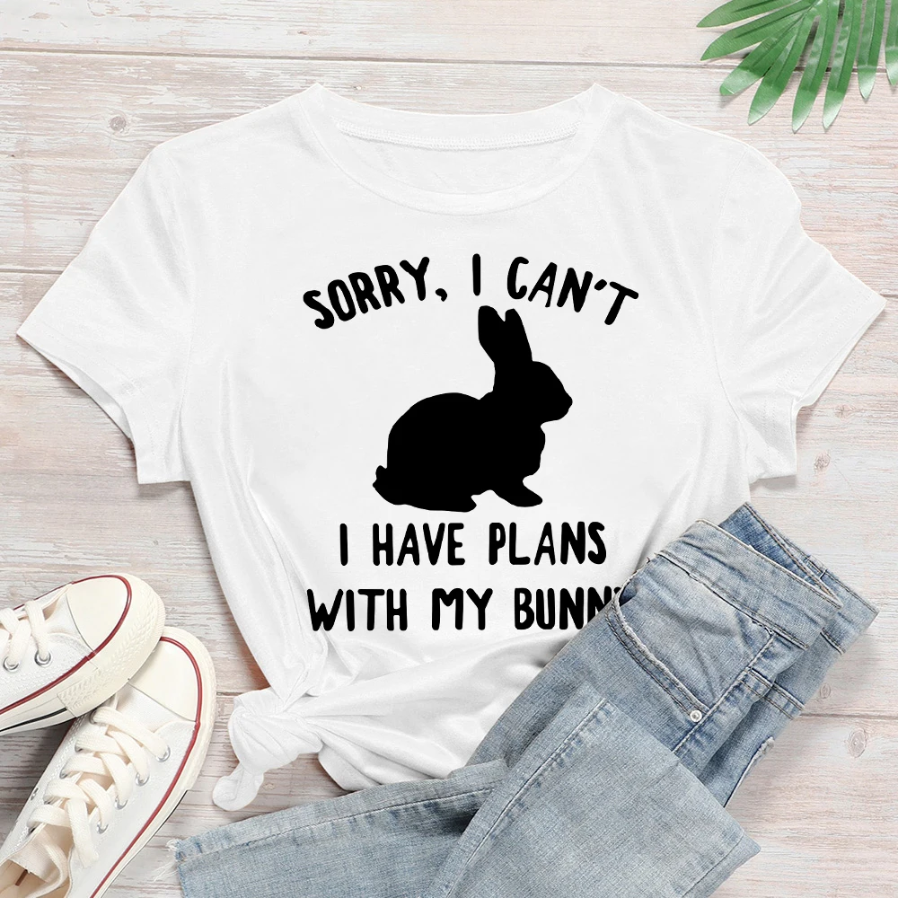 

I HAVE PLANS WITH MY BUNNY Letter Women's T-shirt Soothing Kawaii White Shirt Cool Style Round Neck Spring T-shirts Oversize
