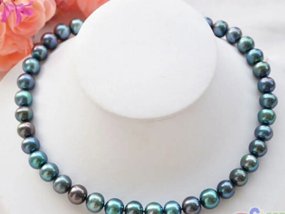 

9-10mm Peacock Black Green Freshwater Cultured Nearly Round Pearl Necklace 18''
