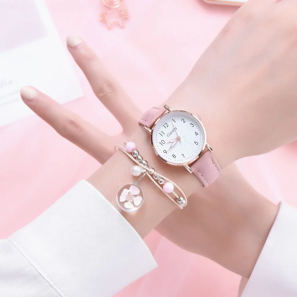 

2PCS Fashion Women Leather Watches Set Sweet Pink Simple Number Luminous Dial Ladies Sports Dress Clock Quartz Wristwatch