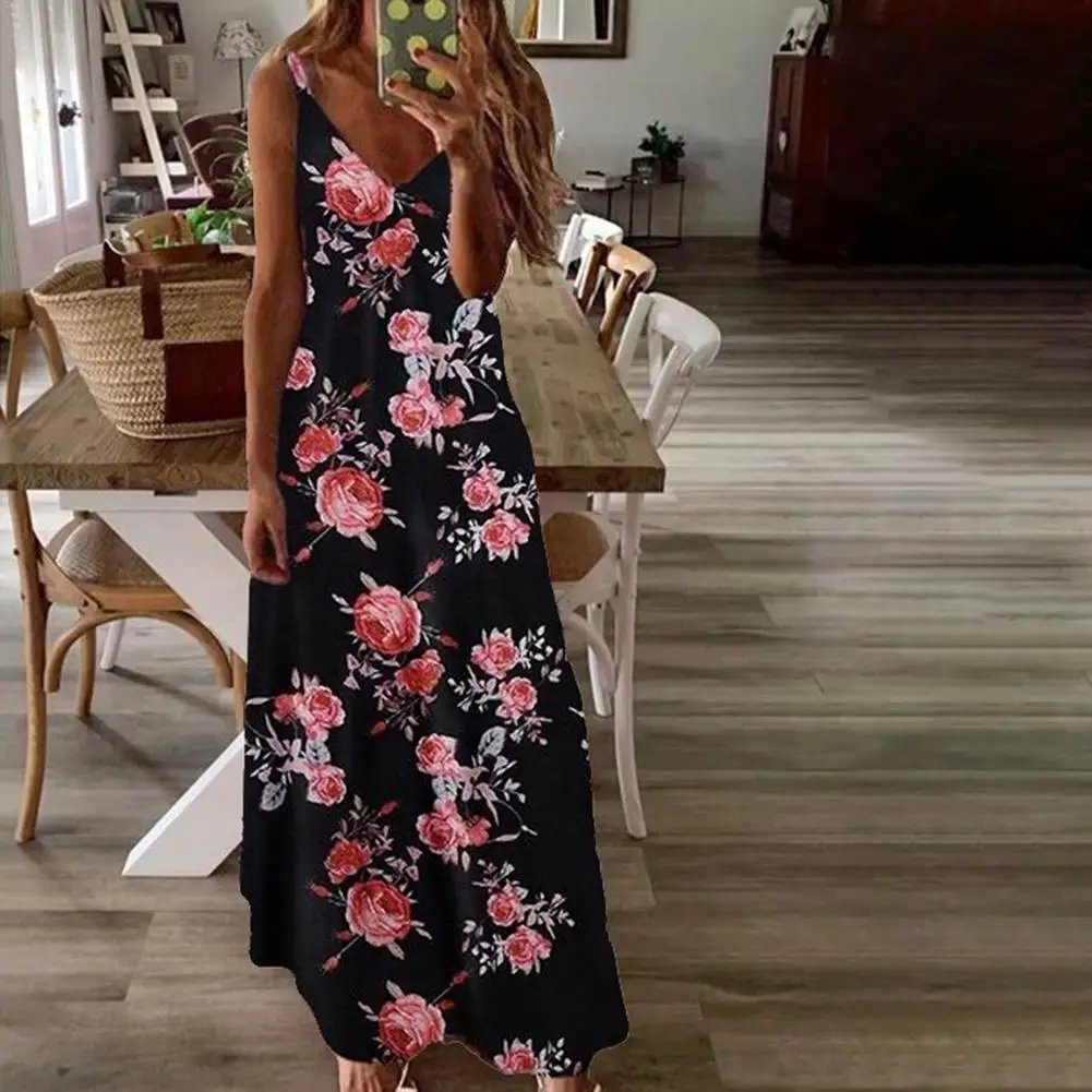 

Длинное повседневное платье, мягкое удобное платье с глубоким V-образным вырезом и карманами, женское платье макси на бретелях для вечерние