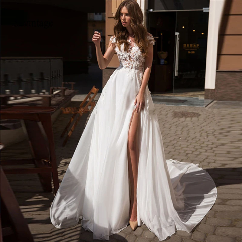 

Luxury A-Line Wedding Dresses V Neck Sleeveless Backles Gowns Lace Applique Sexy High Split Robe de mariée Tailor-Made