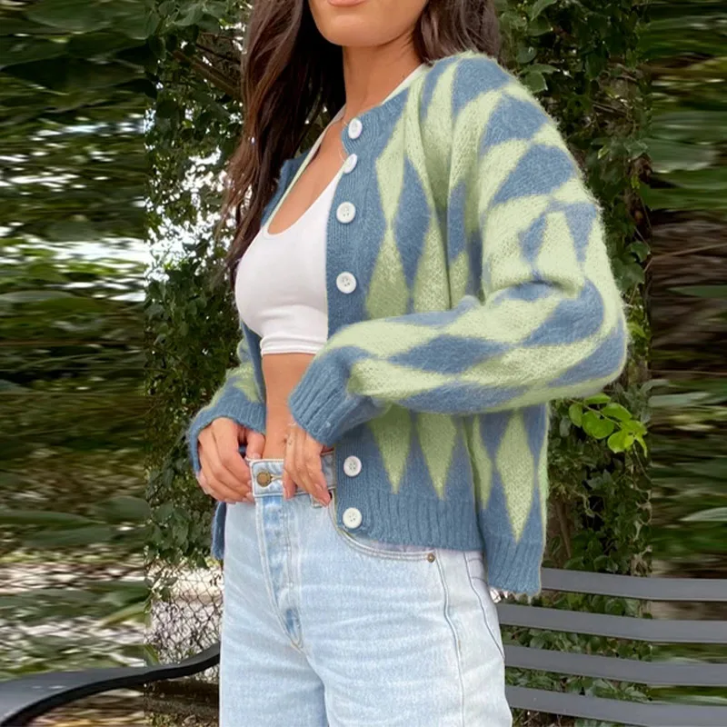 

Argyle Plaid Knitted Cardigan For Women Y2k Sweater Casual Single Breasted Crop Top Woman Autumn 2021 Korean Fashion Sweet Coat