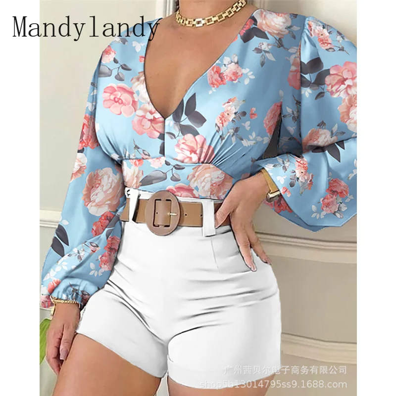 

Mandylandy Women's Elegant Floral Print Outfits Shorts Set Ladies Sexy V Neck Shirt Top + High Waist Skinny Shorts Two Piece Set