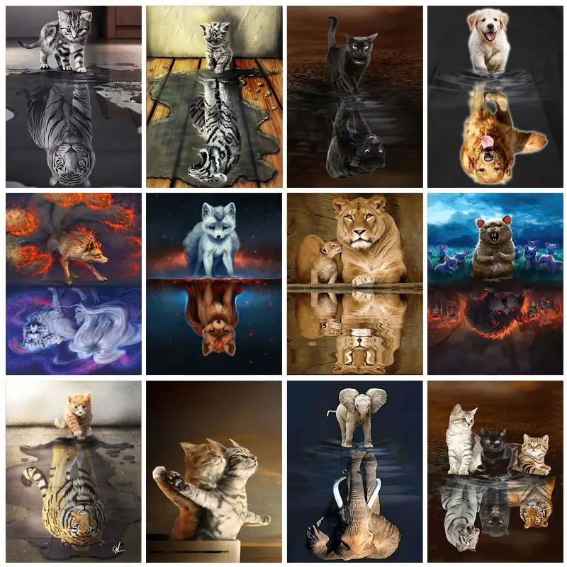 

Animals Cat Elephant Reflection Pictures Canvas Poster Wall Art Print Nursery Painting Nordic Decor Picture Kid Bedroom Cuadros