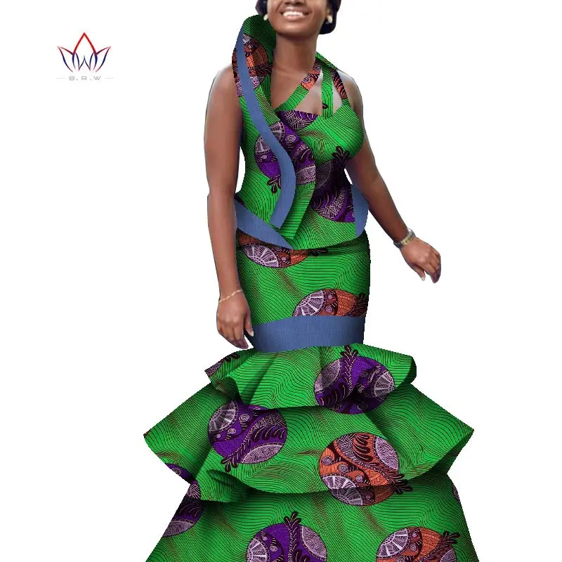 Custom African Women Two-piece Suit Sleeveless top+overlapping Pleated Floor Length Skirt 2 Pieces African Style Clothing WY8597