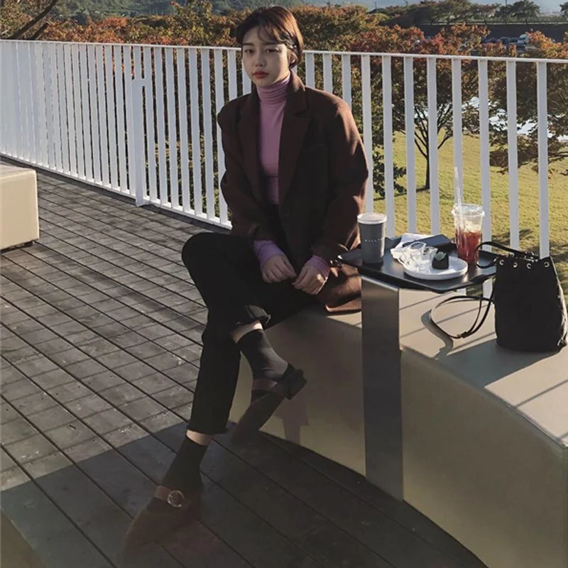 

BGTEEVER Vintage Single-breasted Loose Women Blend Blazer 2019 Winter Thicken Plaid Suit Coat Female Pockets Warm Blazer Femme
