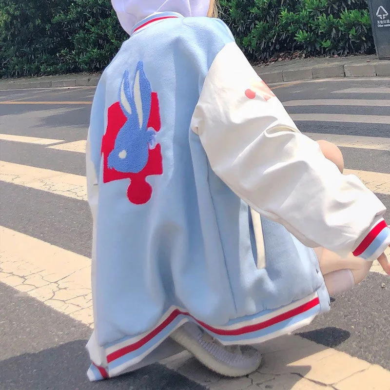 

2021 new light blue puzzle baseball uniform female hiphop fried street jacket ins tide spring and summer thin section
