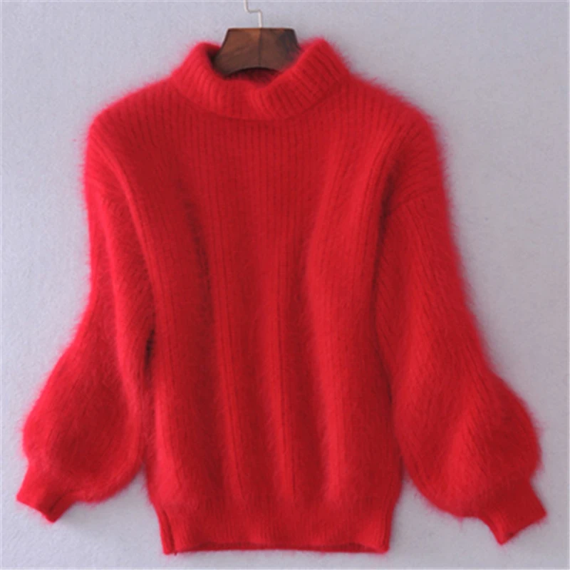 

Winter Spring Fashion Casual Thickened Warm Turtleneck Mohair Female Sweater Lantern Sleeve Casual Solid Slim Pullover