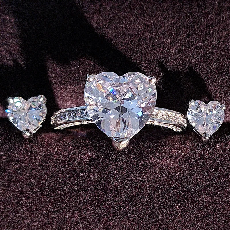 2pcs Pack 925 Sterling Silver Jewelry set halo Engagement ring round stud earring for Wedding christmas gift party J4921 | Украшения и