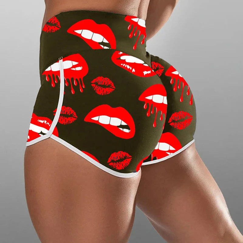 

Plus Size Women Summer High Waist Sexy Lips Casual Fitness Sports Gym clothing Workout Waistband Skinny Shorts for women ladies
