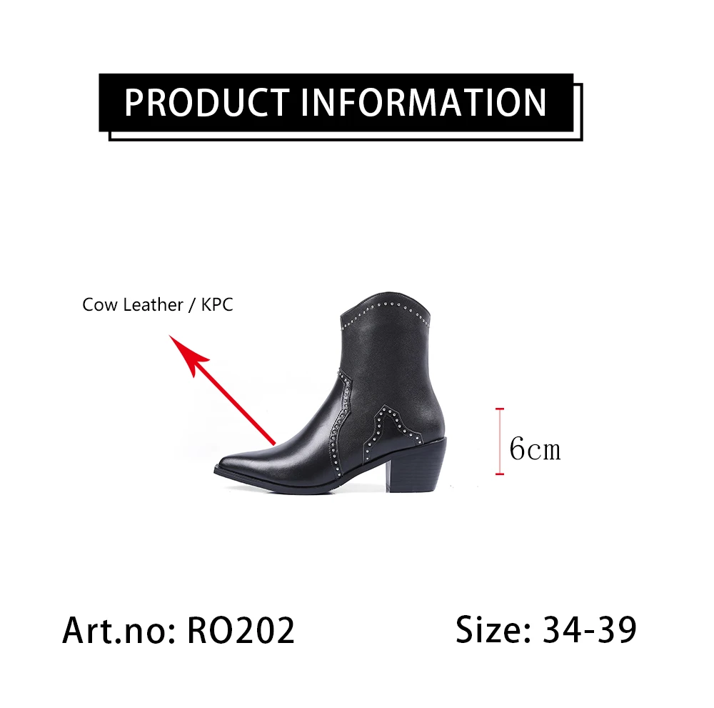 

RJN New Stylish Ankle Boots High Quality Cow Leather Sexy Pointed Toe Square Mid-heel Women Shoes Comfortable Boots Black RO203