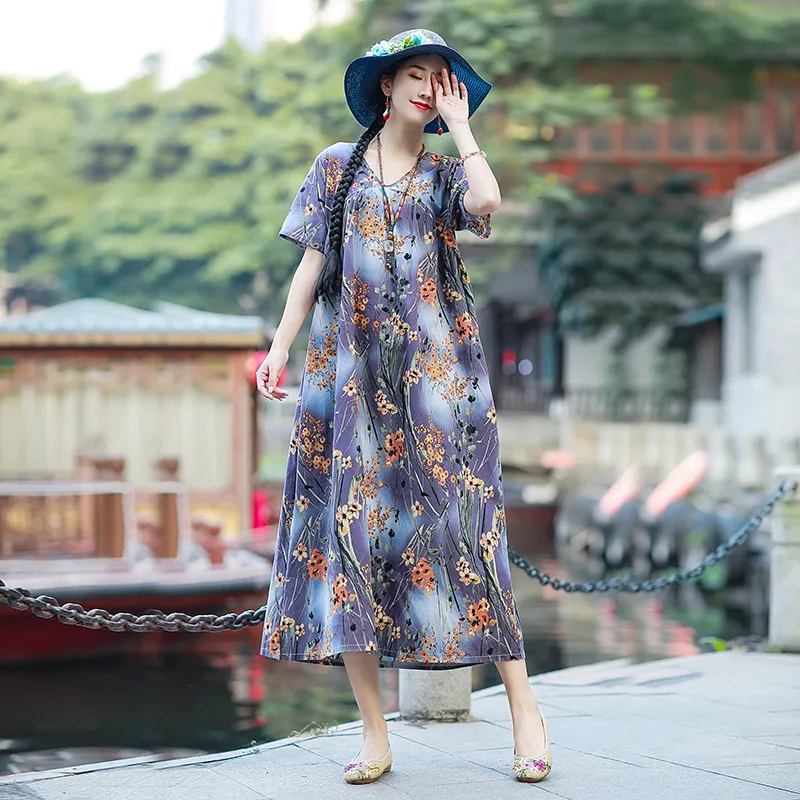 

Plus Size Cotton Linen Vintage Print Midi Dress Women Summer Casual Loose Vestidos Femme Beach Elegant Gown Robe Dresses Kaftan