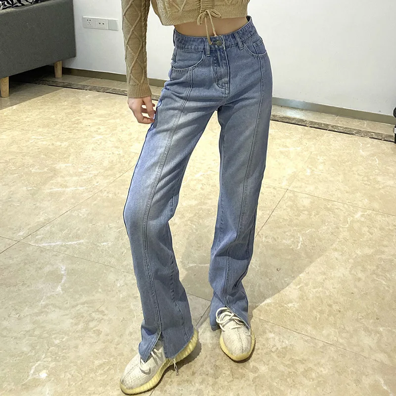 

2021 Summer Women's New High Waist Straight Tube Slim Split Casual Jeans Female Denim Pants