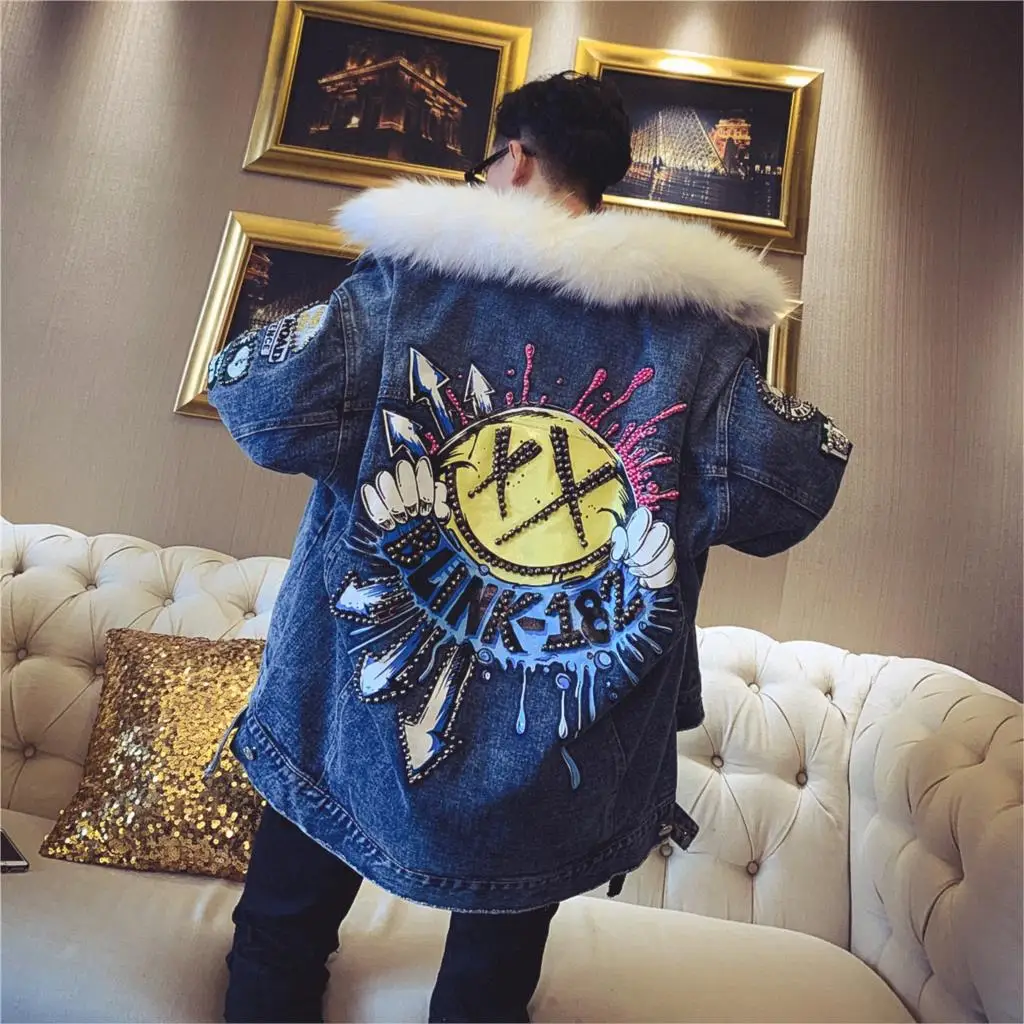 

ABOORUN 2021 Men's Thick Fleece Denim Jackets Funny Cartoon Printed Jackets Hip Hop Winter Fur Coat for Male