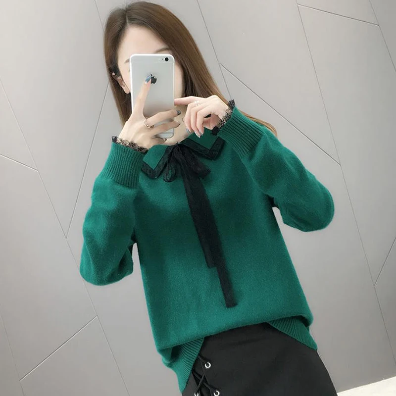 

Lace Patchwork Turn-down Neck Knitted Pullovers For Women Elegant Lace Up Slim Knitwear Tops Fall Sweater Femme Korean Style
