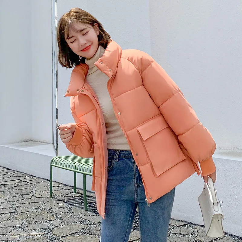 

Winter Jacket Women Adjustable Waist Solid Color Woman Parkas Thick Warm Stand Collar Cotton Padded Coat Female Puffer Jacket