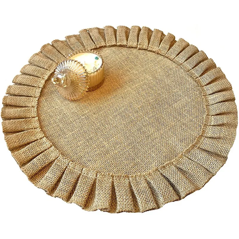 Rustic Farmhouse Burlap Round Placemats Set of 4, Size in 15 Inches Diameter-ABUX images - 6