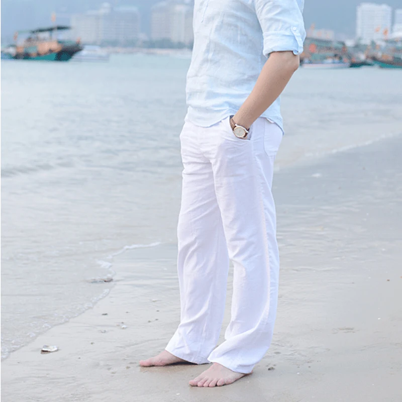 

Summer Men Comfortable Casual Cotton Linen Wed Leg thai fisherman Loose Long Pant White Black Solid Color Autumn Plus Size M-3XL