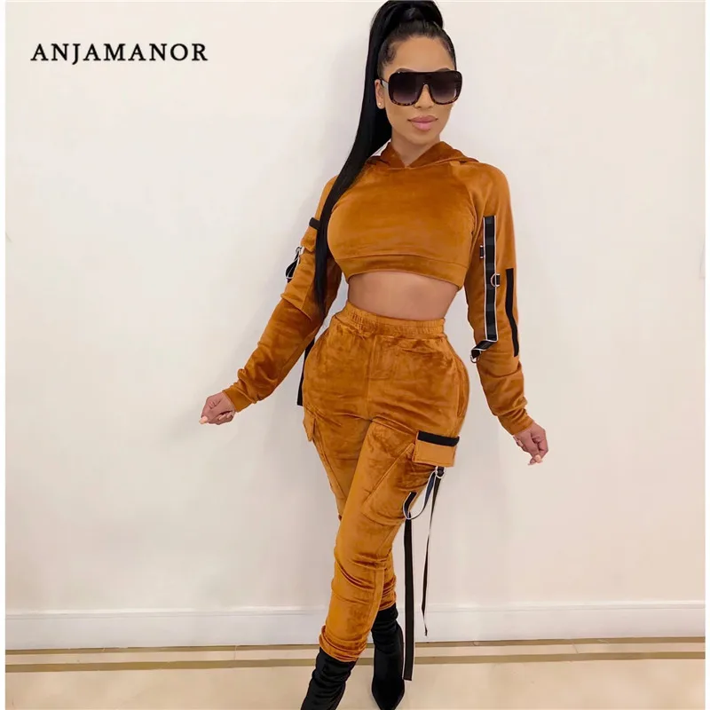 ANJAMANOR бархатный сексуальный спортивный костюм женские толстовки с длинным