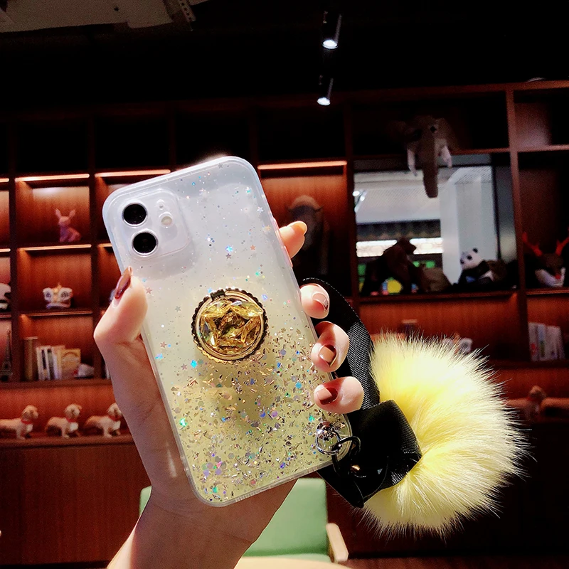 

Luxury Bling Glitter Bracket Silicone Phone Case For iPhone 12 11 Pro XS Max SE XR X 8 7 6 Plus Ultra-thin Cute Lanyard Cover