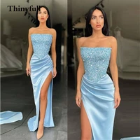 fashion sky blue sequines sparkly evening dresses strapless sleeveless side slit formal night prom dress party gowns vestidos