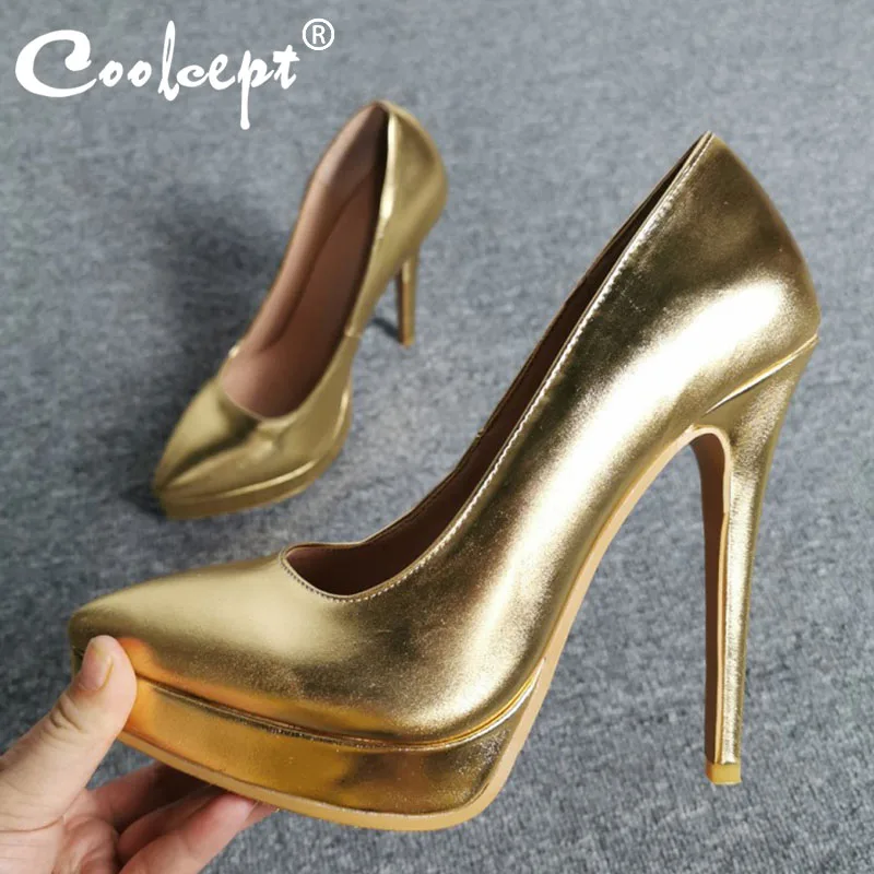 

Coolcept Plus Size 35-47 Women Pumps Shine Gold High Heels Shoes Women Sexy Pointed Toe Fashion Party Wedding Platform Footwear
