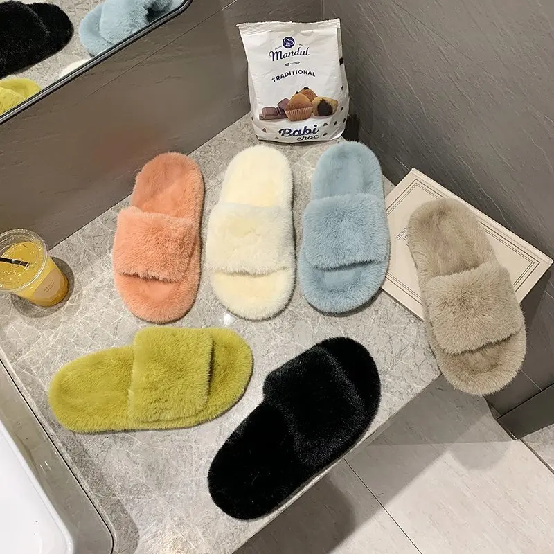 

Faux Fur Home Slippers Fluffy Women Shoes Slides Comfort Furry FlatSandals Female Cute Indoor Slippers for Woman Flip Flops 2020