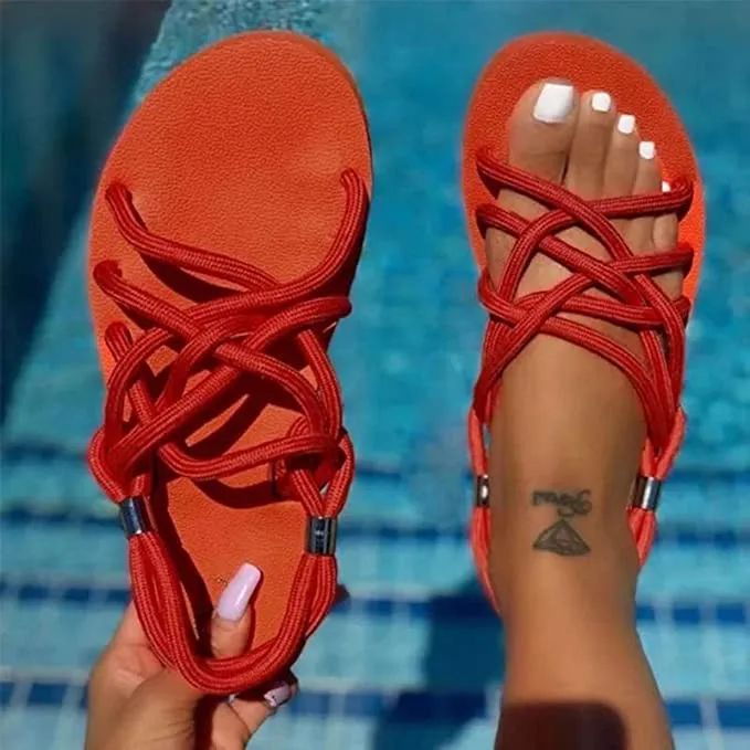 

Summer New Cross-border Ladies Sports Wind Cross Straps Large Size Hollow Cross Braided Rope Beach Flat Shoes Ladies Sandals