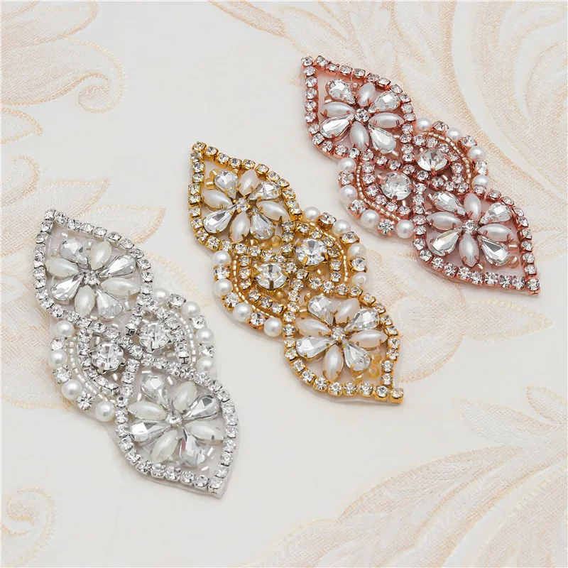 

9.5*4cm Flower Shape Limitation Pearls Rhinestones Applique For Wedding Dress Bags Shoes Decoration Garments Accssories