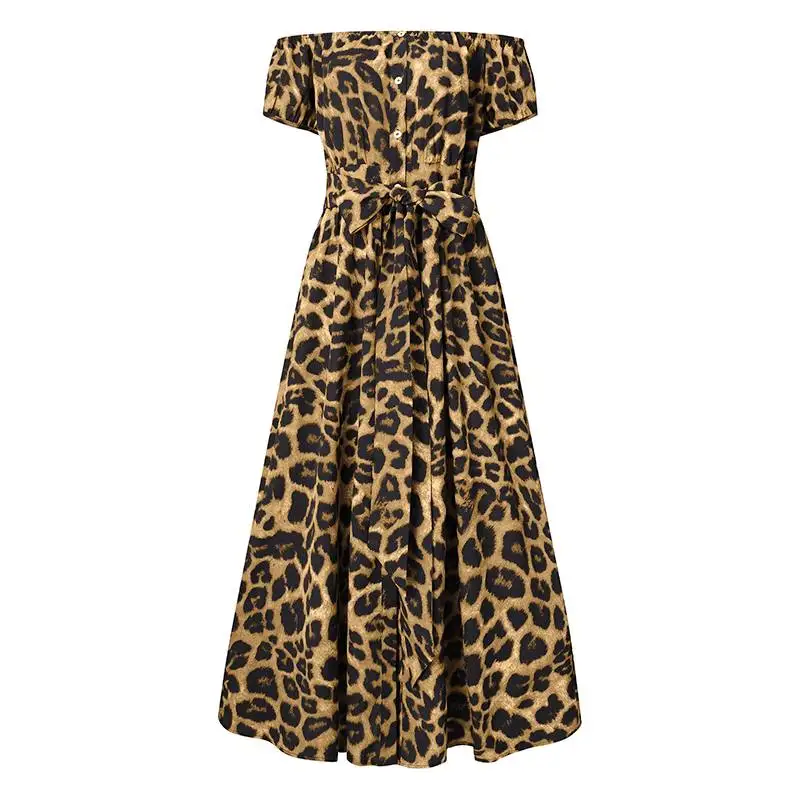 

2021 Hot Sell New Summer Women Elegant Off Shoulder Loose Leopard Print Long Dress Vestidos Casual Ruffle Split Beach Vacation