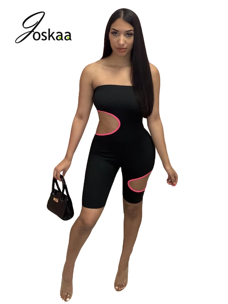 

Joskaa Summer Patchwork Strapless Playsuits Sexy Hole Hollow Out Bodycon Rompers Fashion Party Clubwear Outfits For Women 2021