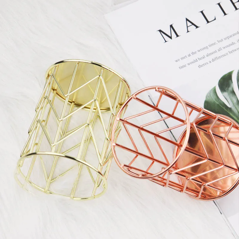 

Desk Organizer for Pen Holder Stand Cosmetics Makeup Organizer Brushes Storage Box Hollow Iron Round Office School Supplies