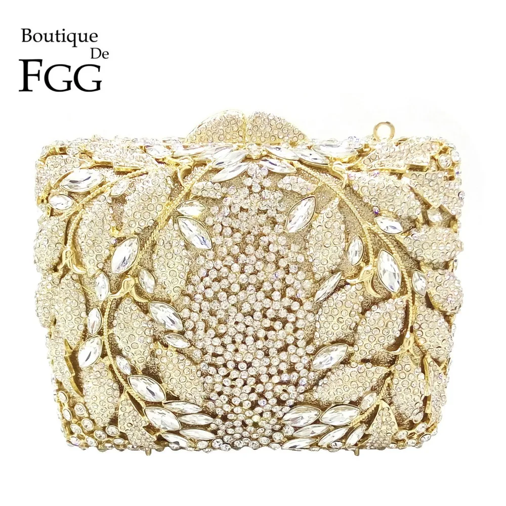 Boutique De FGG Hollow Flower Women Gold Crystal Evening Clutch Minaudiere Bag Wedding Party Cocktail Diamond Handbag and Purse