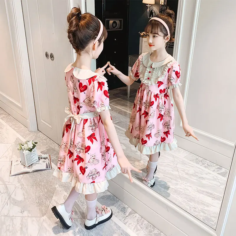 

Fashion Girls Lantern Dress With Bowknot Waist Ribbon Children Clothing Peter Pan Collar Cat Pattern Heart Print Elegant Dresses