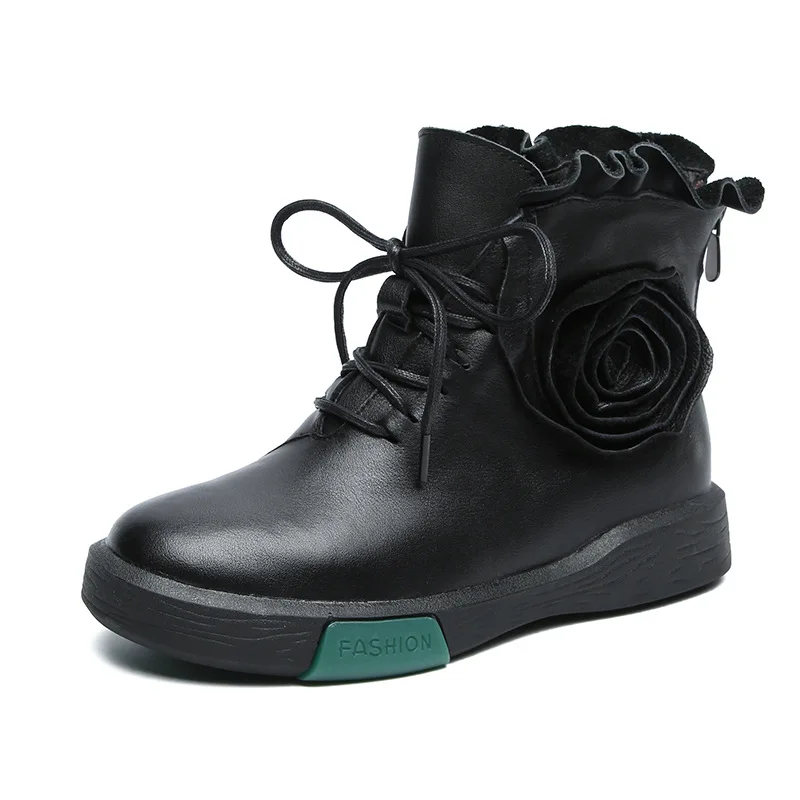 

YourSeason Winter Plush Ladies 2021 Warm Shoes Genuine Leather Handmade Concise Platform Lace Up Flower Boots