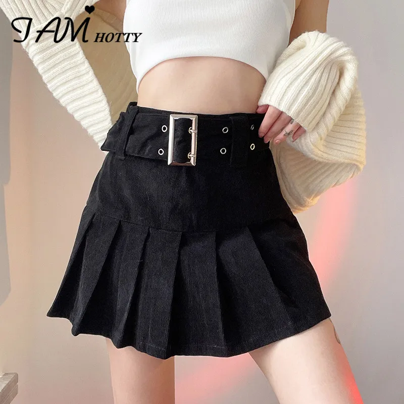 

Вельветовая плиссированная юбка IAMHOTTY с поясом, корейская мода, трапециевидная мини-юбка с высокой талией, кавайная уличная одежда, универса...