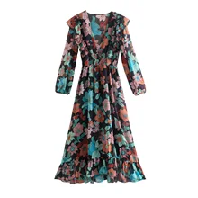 Robe longue en mousseline de soie style bohémien, imprimé Floral, Maxi, taille élastique, col en V, à volants, décontractée, trapèze, 2021  (3)