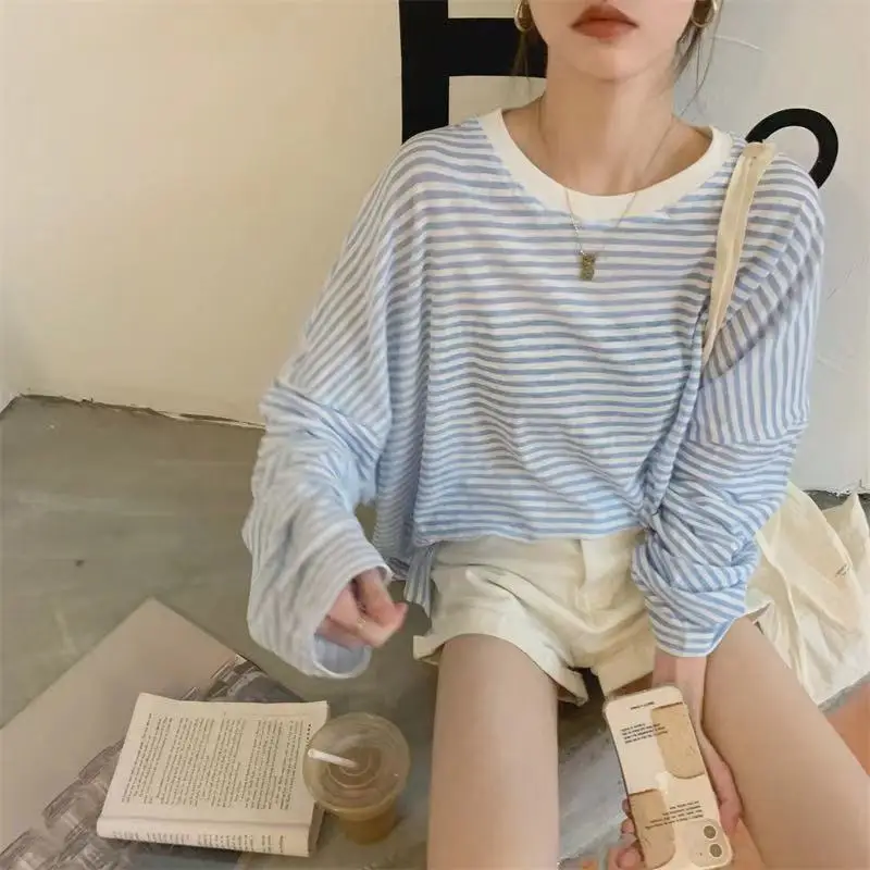 

2Colors 2021 Autumn korean style Striped Thin Long Sleeve t-shirt Womens Loose Sun Protection tops Tee shirt femme (N0237)