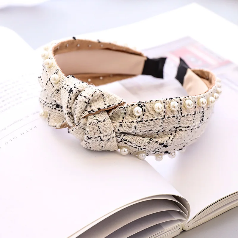 

Woolen Plaid Pearl Knot Hairband Knotted Headband for Women Girls Hair Accessories
