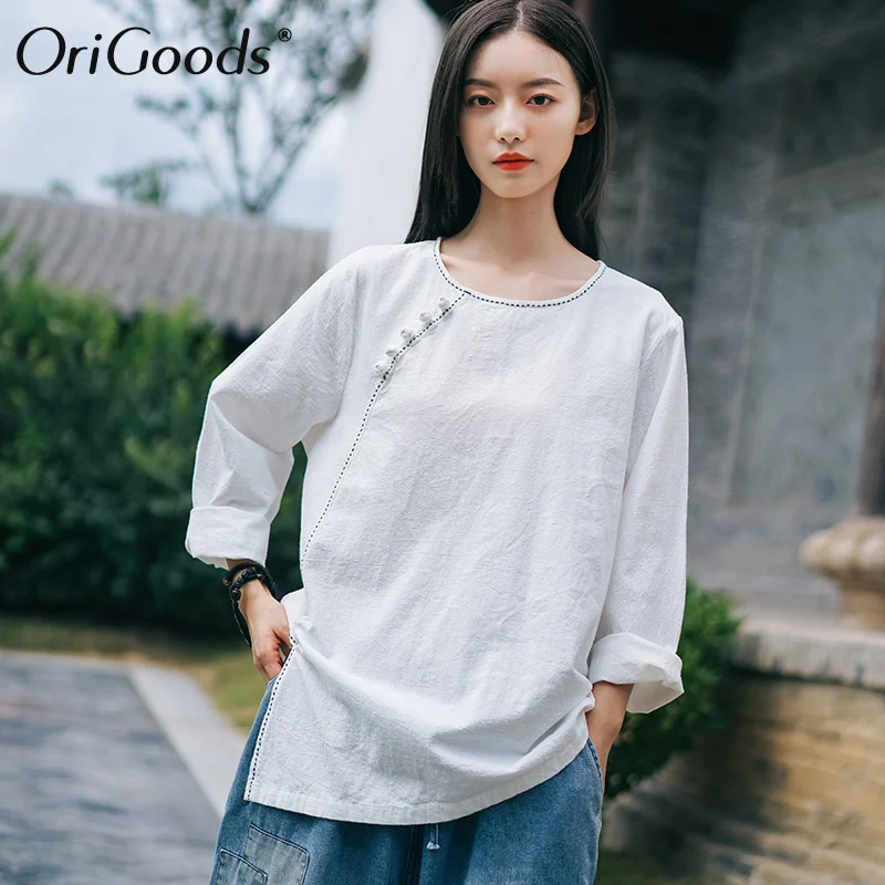 Женская блузка в китайском стиле OriGoods хлопковая льняная с круглым вырезом и