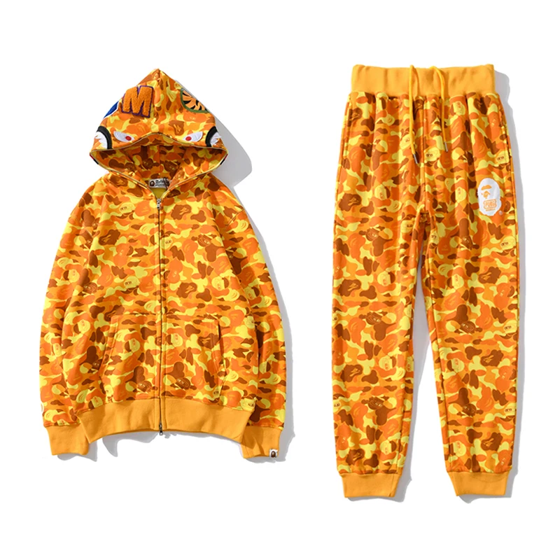 

Bape X PUBP костюм фирменный джедай Выживание цыпленок оранжевый Камуфляжный свитер толстовки пуловер свитер с капюшоном брюки длинные брюки