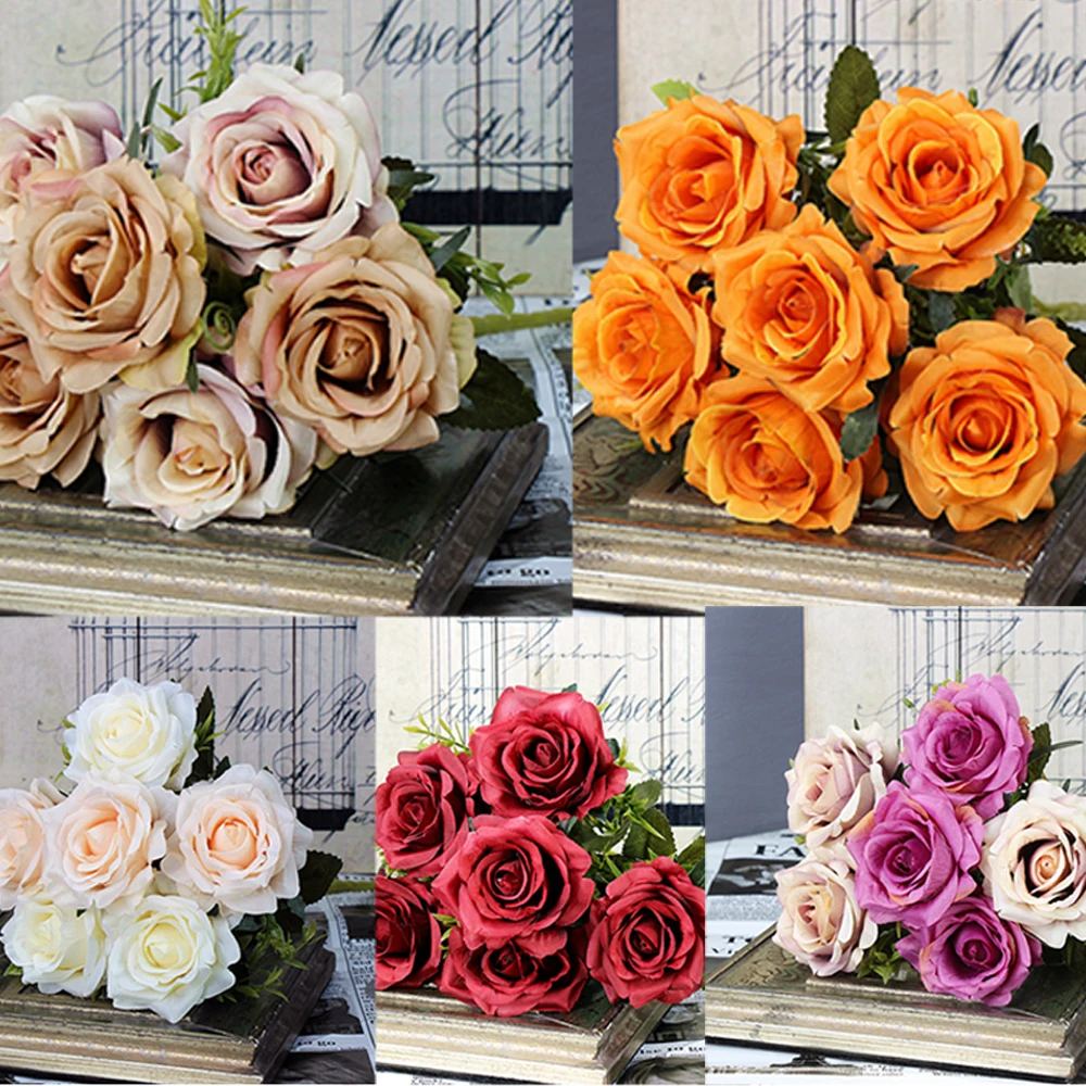 6 шт. розы белого цвета шампанского искусственные цветы из шелка Свадебные букеты