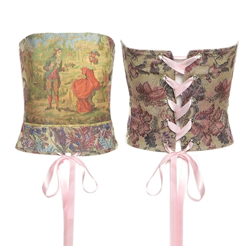 

Women Sexy Strapless Bustier Tube Top Retro Madam Floral Graphic Lace-Up Corset
