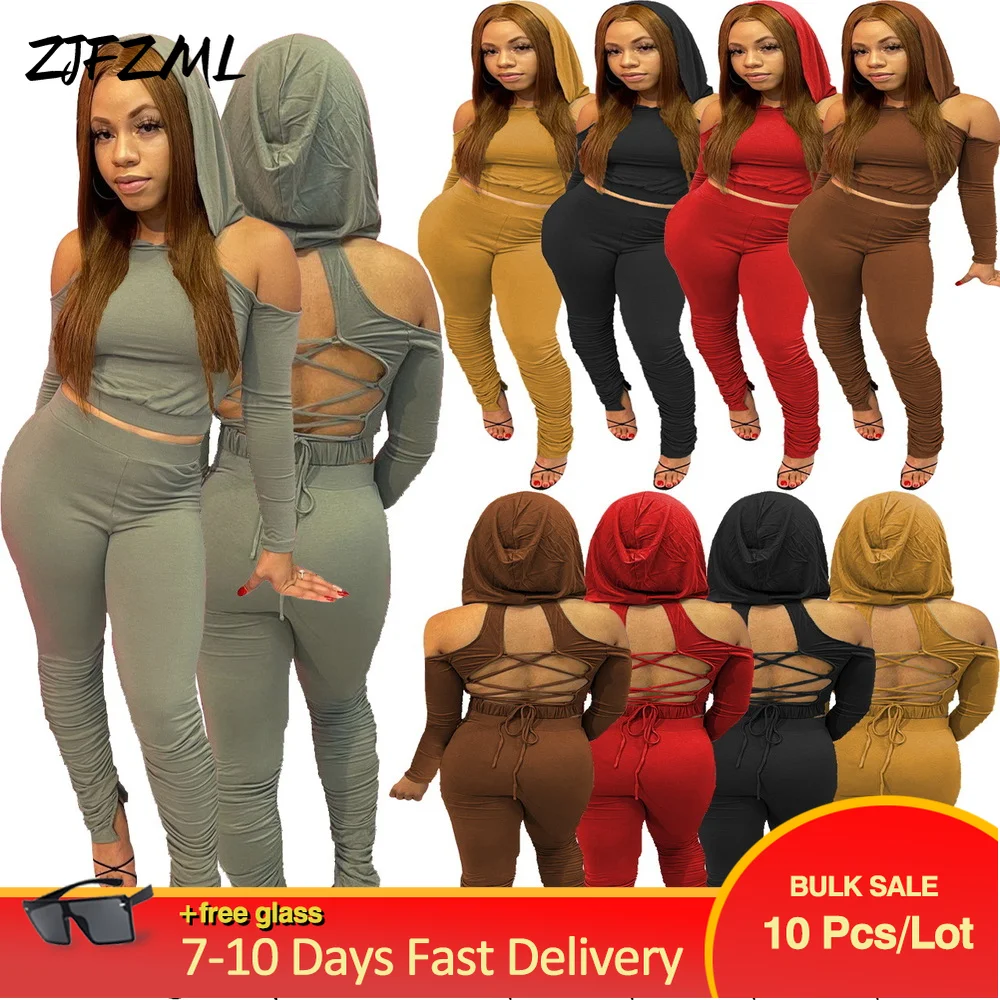 

Bulk Items Wholesale Lots Womenm's Sport Suit Lace Up Backless Hooded Long Sleeve Sweatshirt+high Waist Ruched Split Legging New