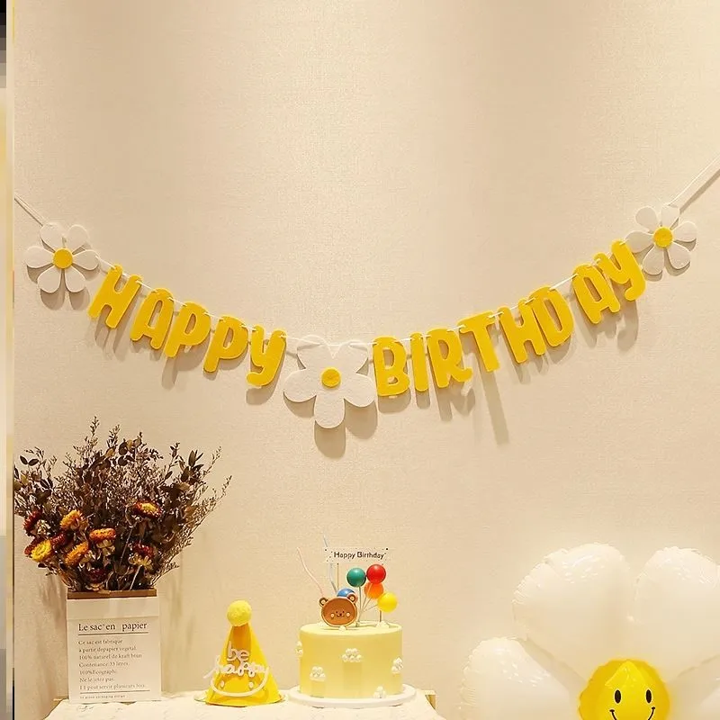 ins Baby Shower Non Woven Daisy Happy Birthday Banner White Flower Garland Yellow Flag | Дом и сад
