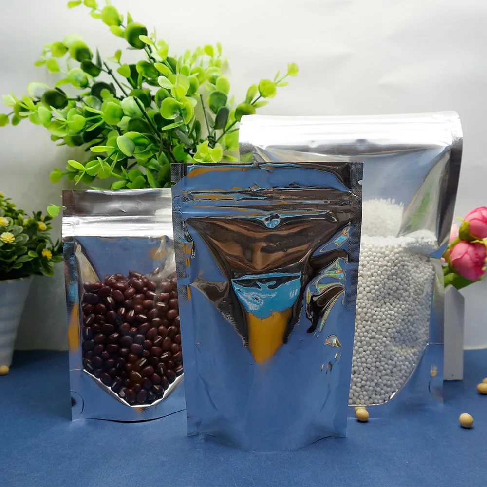 

14x20cm Stand Up Aluminum Zip Lock Bag 100pcs Front Clear & Silver Metallic Foil Zipper Re-Sealable Plastic Pouches oatmeal Pack