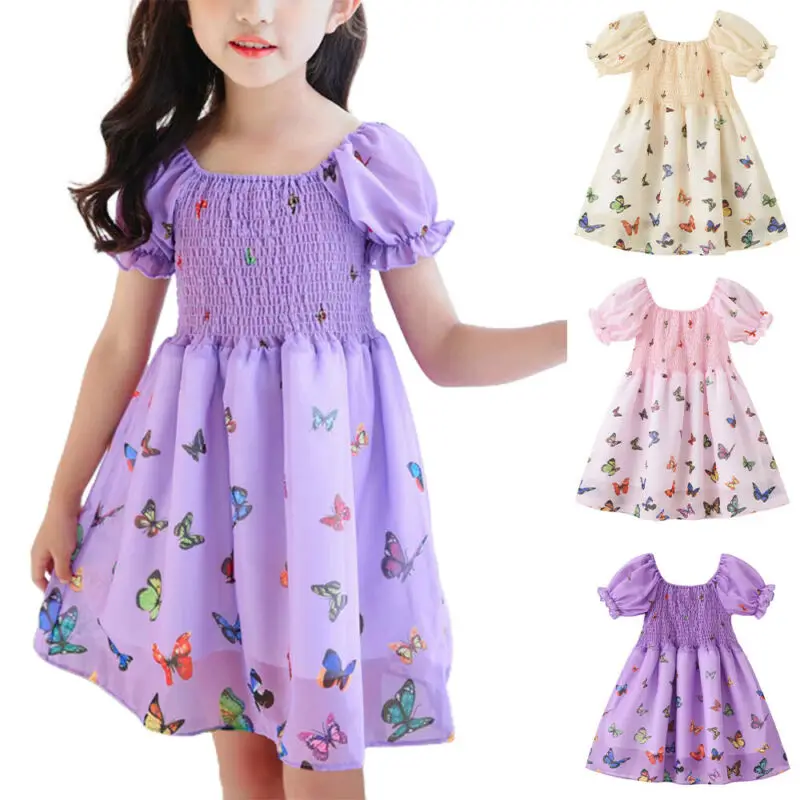 

Kids Girls Butterfly Print Princess Dress Party Short Sleeve Swing Dresses