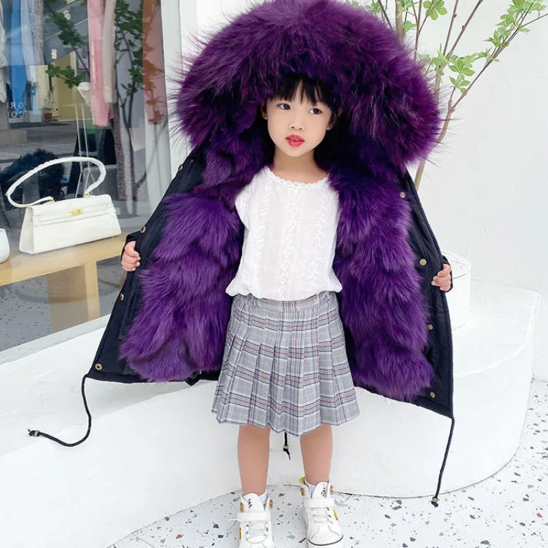 Girls' fur coat, parka coat, winter faux fur coat, children's down cotton coat coat, faux fox fur hooded boy snow coat jacket