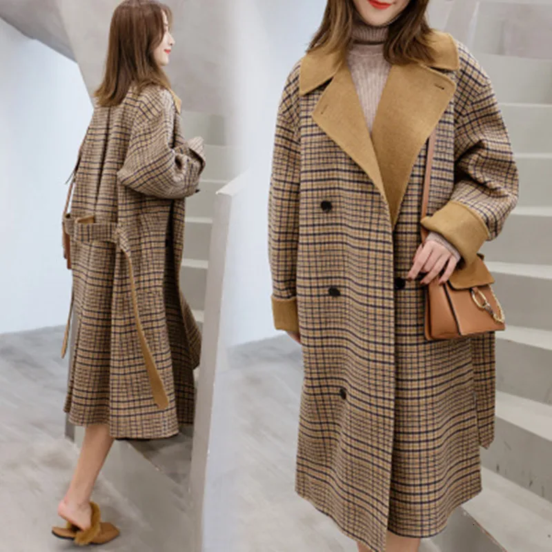 Winter Wool Coat Women 2019 Large Size Long Sleeve Hepburn Loose Woolen Outwear Fashion Plaid OverCoat | Женская одежда