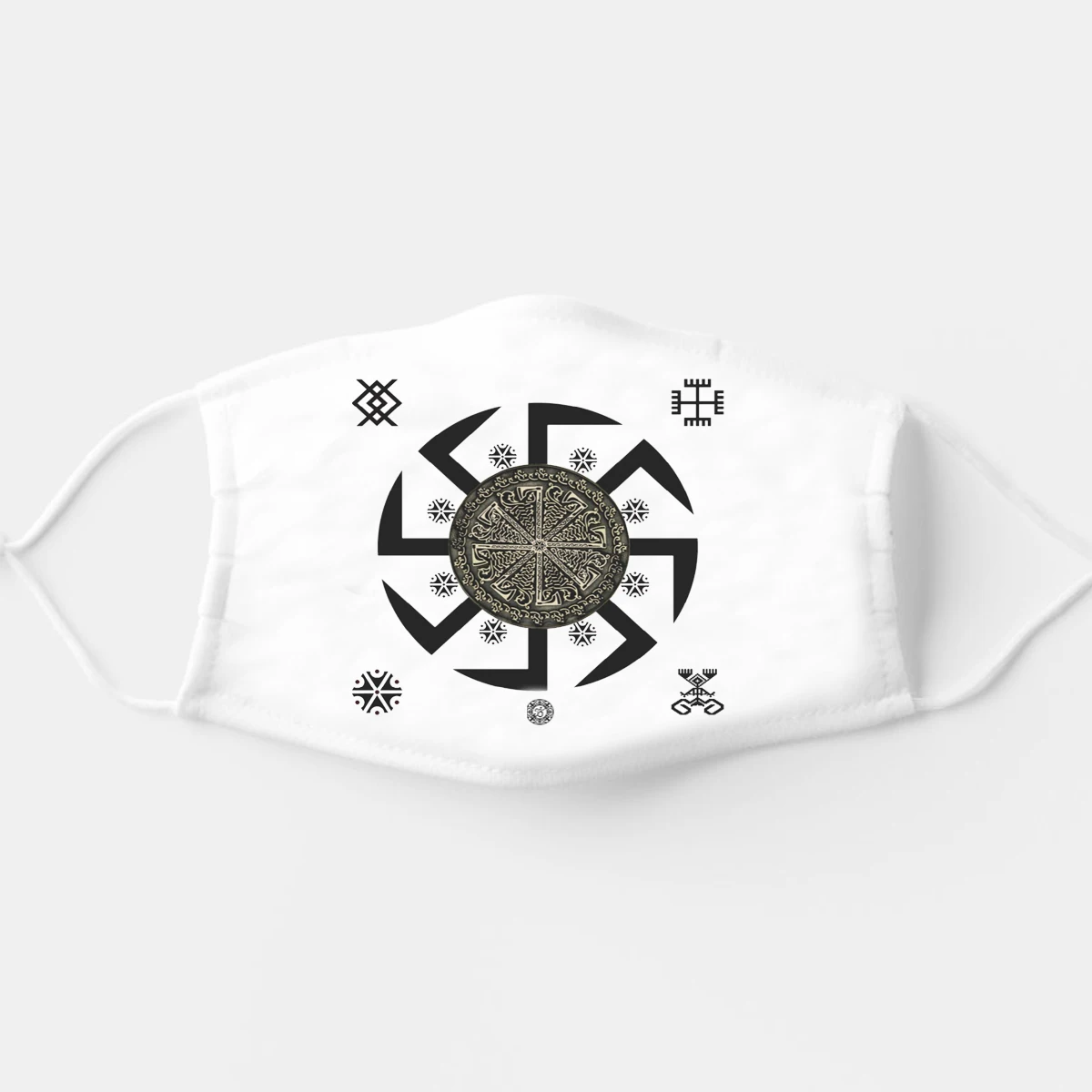 

Strength, Dignity, Sun and Fire. Slavic Sun Wheel Kolovrat Symbol Printed Mouth Covering Washable Reusable Fabric Face Mask